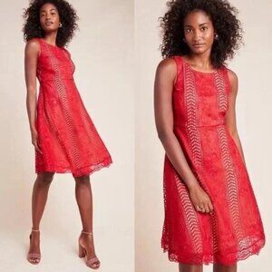 Anthropologie Red Lace Georgia Fit Flare Dress Size 2